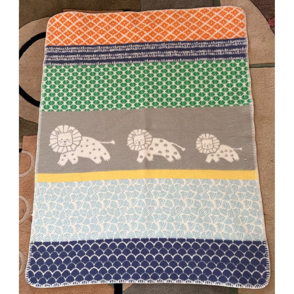 Pottery Barn Kids Multicolor Lion Print Baby Blanket 29"X37" Cotton/Acrylic